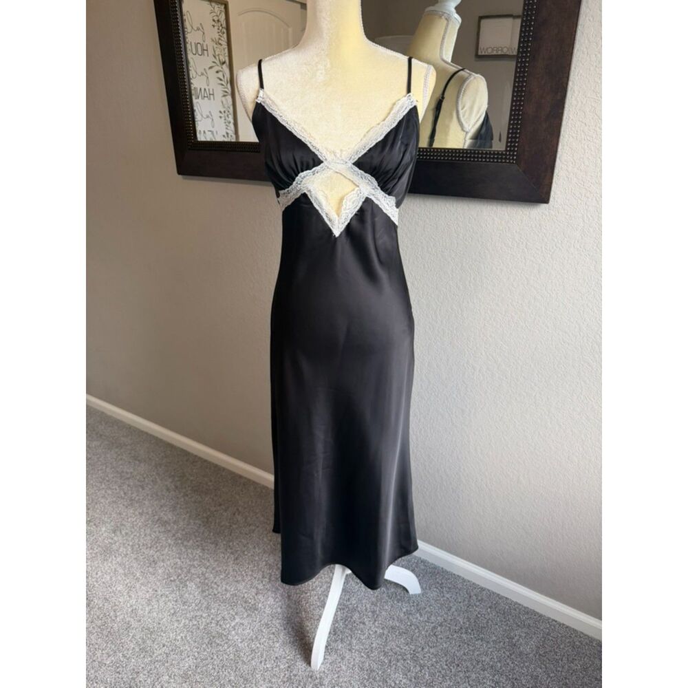 Forever 21 Black Satin Midi Slip Dress Womens M White Lace Cutout Y2K 90s